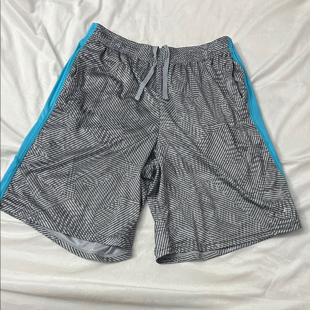 Champion Men's Gray Athletic Shorts with Blue Side Stripes